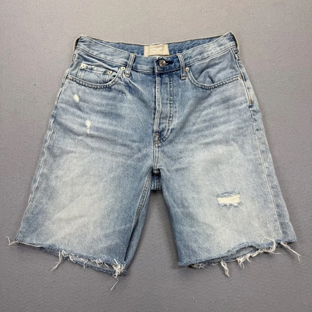Everlane The Cheeky Long Short Light Wash Distressed Denim Bermuda Shorts Sz 26‎